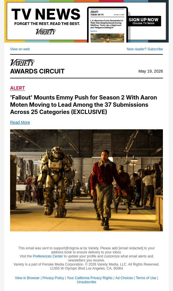 'Fallout' Mounts Emmy Push for Season 2 With Aaron Moten Moving to Lead Among the 37 Submissions Across 25 Categories (EXCLUSIVE) email from Variety screenshot