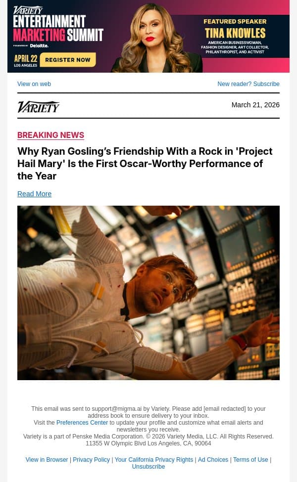Why Ryan Gosling’s Friendship With a Rock in 'Project Hail Mary' Is the First Oscar-Worthy Performance of the Year email from Variety screenshot