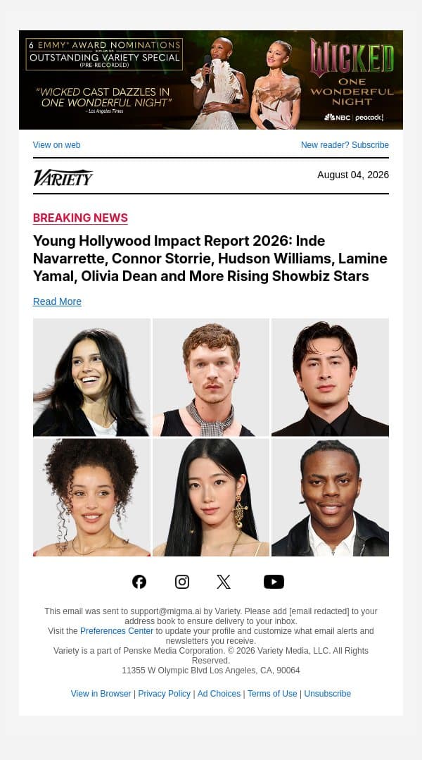 Young Hollywood Impact Report 2026: Inde Navarrette, Connor Storrie, Hudson Williams, Lamine Yamal, Olivia Dean and More Rising Showbiz Stars email from Variety screenshot