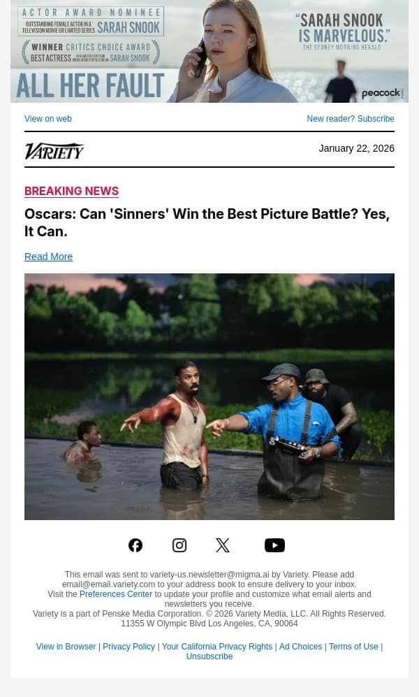 Oscars: Can 'Sinners' Win the Best Picture Battle? Yes, It Can. email from Variety screenshot