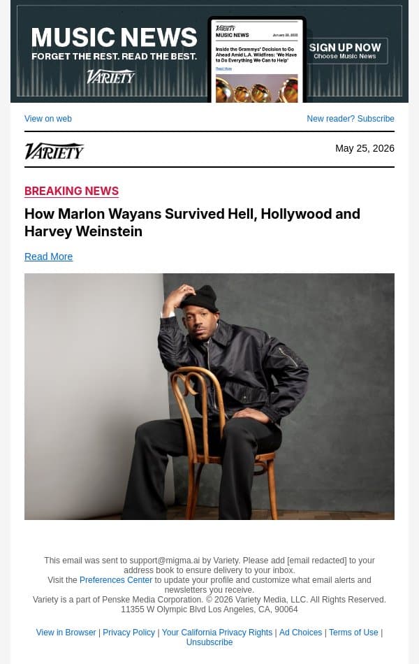 How Marlon Wayans Survived Hell, Hollywood and Harvey Weinstein email from Variety screenshot