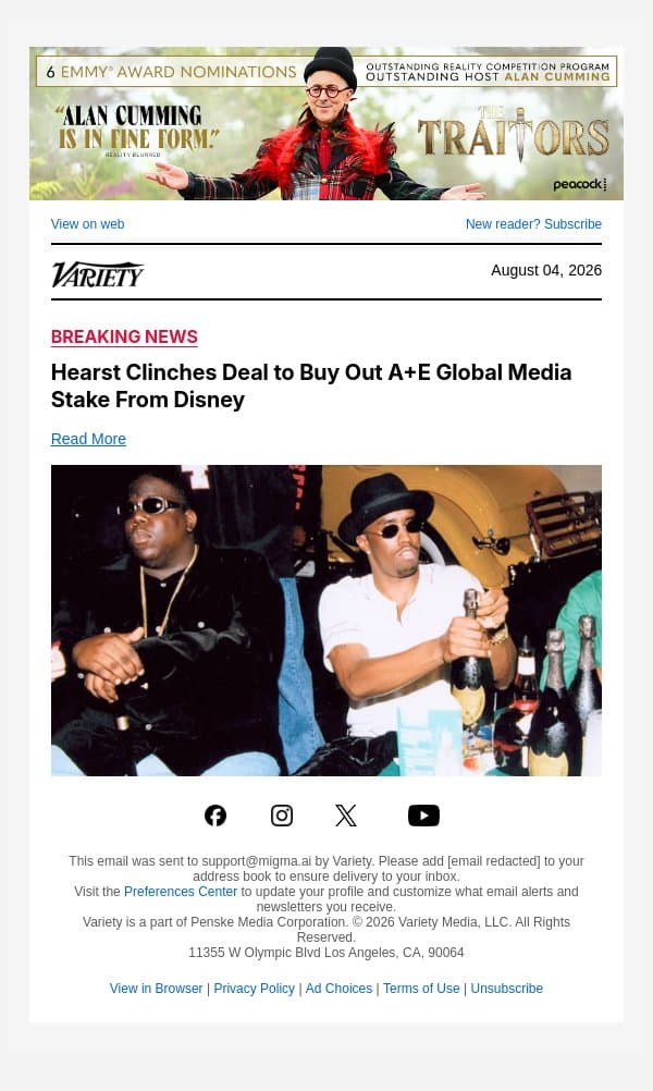 Hearst Clinches Deal to Buy Out A+E Global Media Stake From Disney email from Variety screenshot