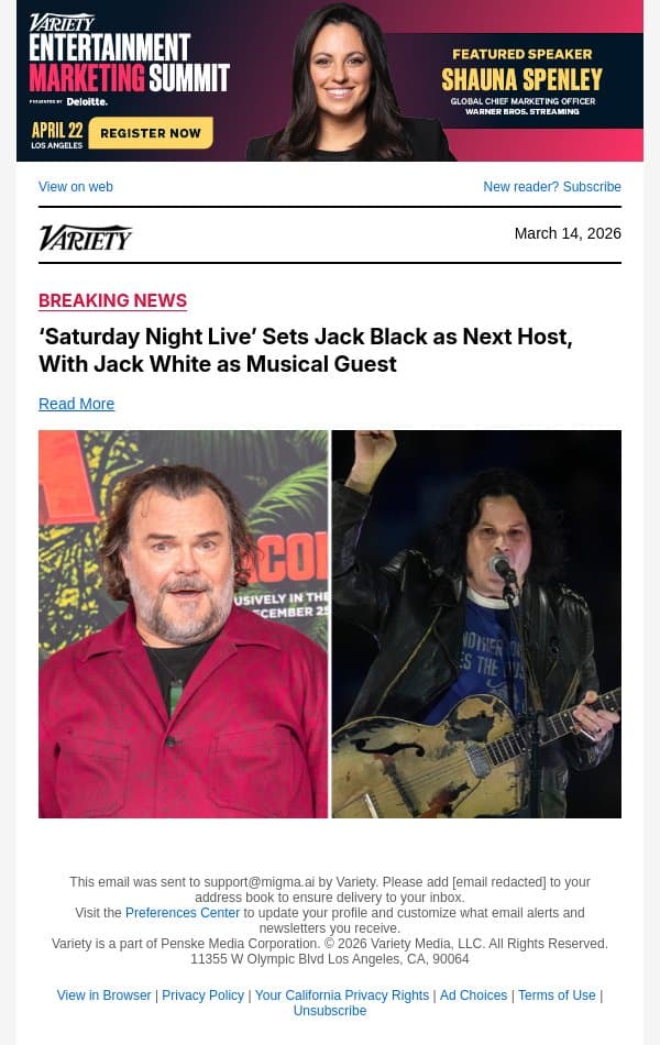 ‘Saturday Night Live’ Sets Jack Black as Next Host, With Jack White as Musical Guest email from Variety screenshot