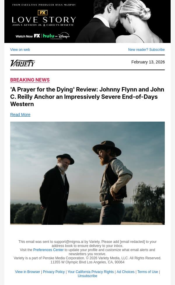 'A Prayer for the Dying' Review: Johnny Flynn and John C. Reilly Anchor an Impressively Severe End-of-Days Western email from Variety screenshot
