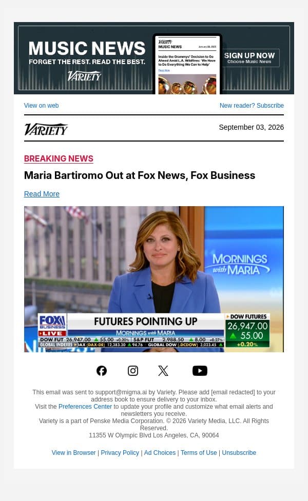 Maria Bartiromo Out at Fox News, Fox Business email from Variety screenshot