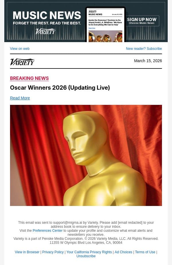 Sean Penn Wins Oscar for Supporting Actor email from Variety screenshot
