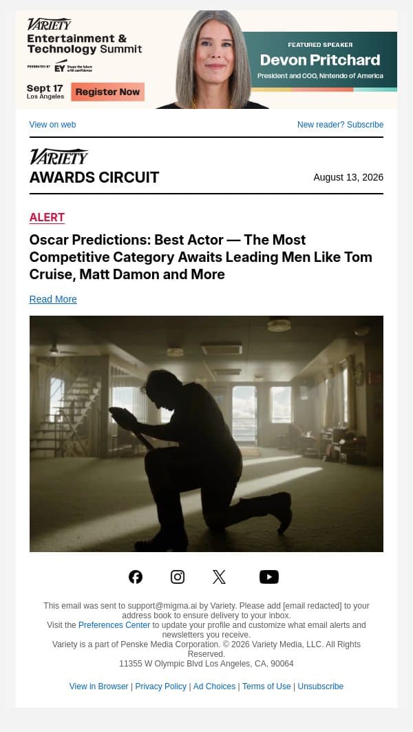 Oscar Predictions: Best Actor — The Most Competitive Category Awaits Leading Men Like Tom Cruise, Matt Damon and More email from Variety screenshot