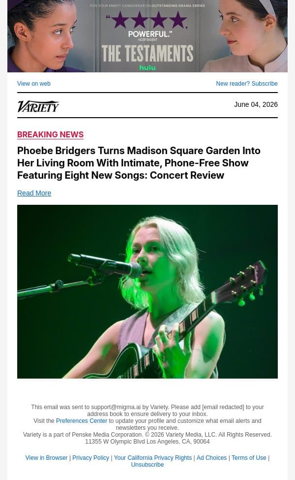 Phoebe Bridgers Turns Madison Square Garden Into Her Living Room With Intimate, Phone-Free Show Featuring Eight New Songs: Concert Review email from Variety screenshot