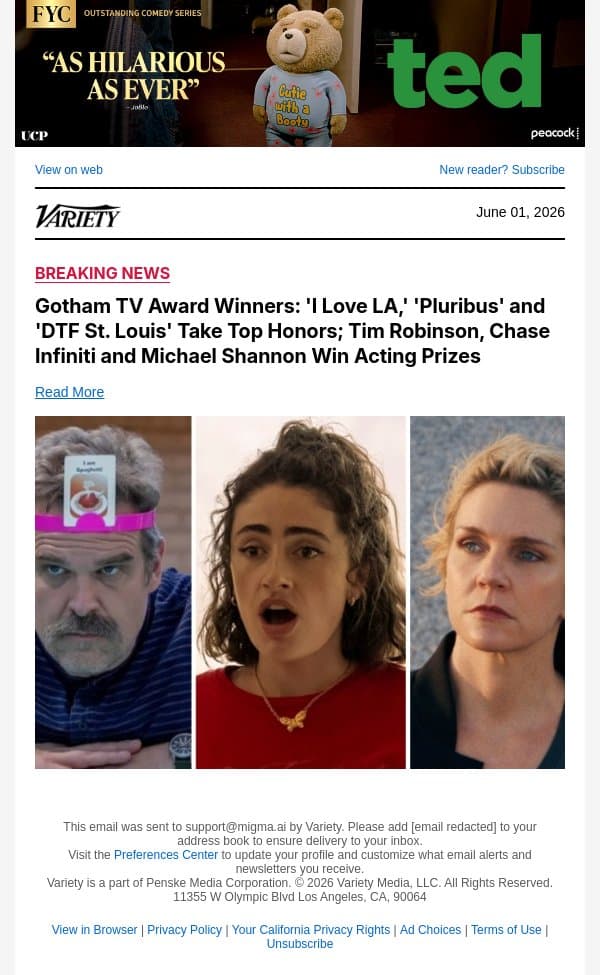 Gotham TV Award Winners: 'I Love LA,' 'Pluribus' and 'DTF St. Louis' Take Top Honors; Tim Robinson, Chase Infiniti and Michael Shannon Win Acting Prizes email from Variety screenshot