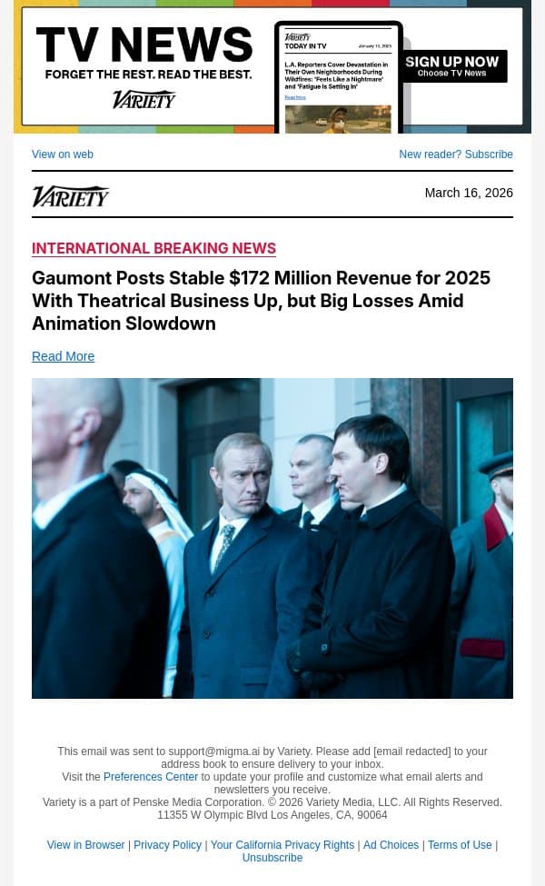 Gaumont Posts Stable $172 Million Revenue for 2025 With Theatrical Business Up, but Big Losses Amid Animation Slowdown email from Variety screenshot
