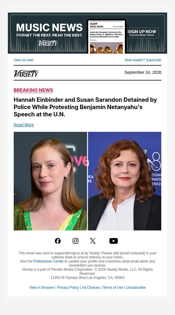 Hannah Einbinder and Susan Sarandon Detained by Police While Protesting Benjamin Netanyahu's Speech at the U.N. email from Variety screenshot