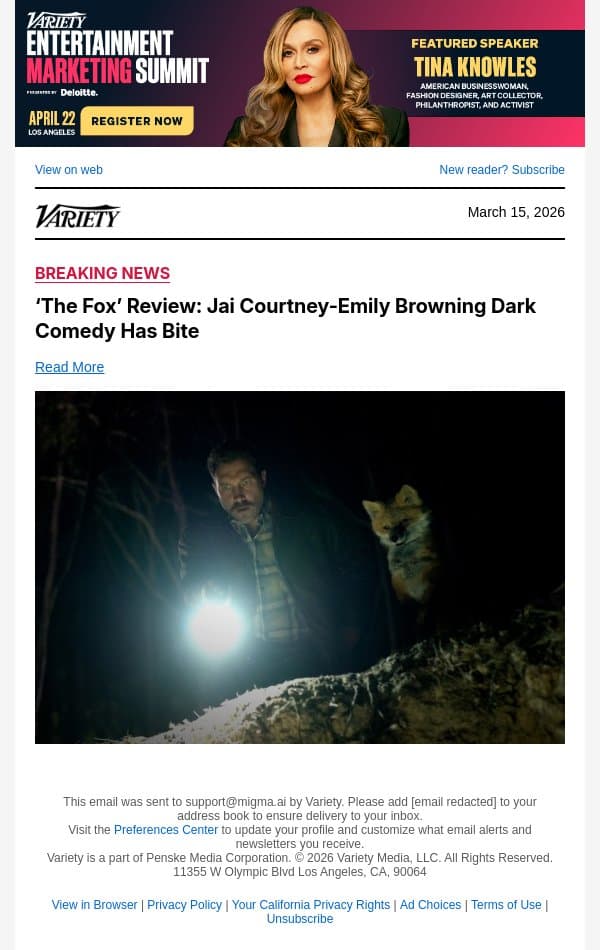 ‘The Fox’ Review: Jai Courtney-Emily Browning Dark Comedy Has Bite email from Variety screenshot