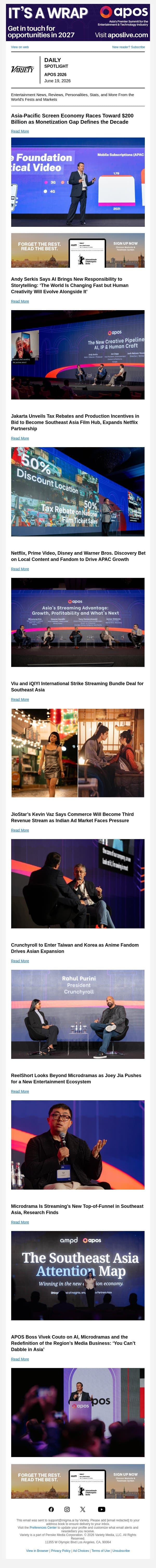 APAC Screen Economy Races to $200 Billion; Andy Serkis on AI; Jakarta Unveils Incentives email from Variety screenshot