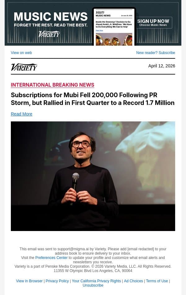 Subscriptions for Mubi Fell 200,000 Following PR Storm, but Rallied in First Quarter to a Record 1.7 Million email from Variety screenshot