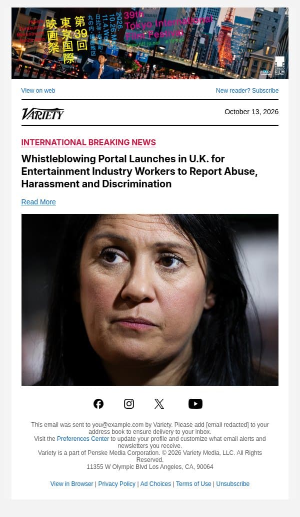 Whistleblowing Portal Launches in U.K. for Entertainment Industry Workers to Report Abuse, Harassment and Discrimination email from Variety screenshot