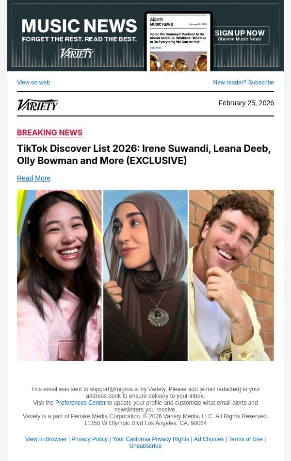 TikTok Discover List 2026: Irene Suwandi, Leana Deeb, Olly Bowman and More (EXCLUSIVE) email from Variety screenshot