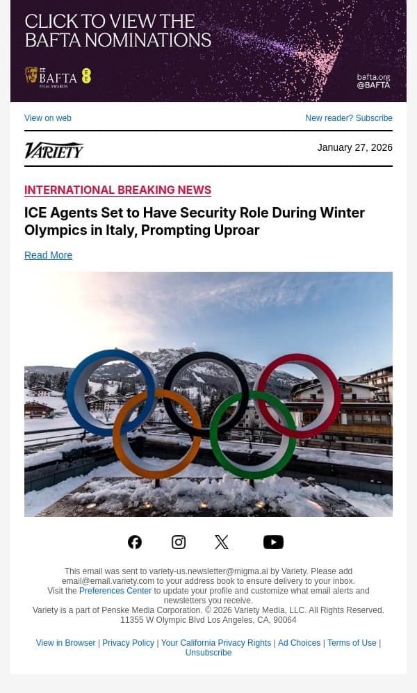 ICE Agents Set to Have Security Role During Winter Olympics in Italy, Prompting Uproar email from Variety screenshot