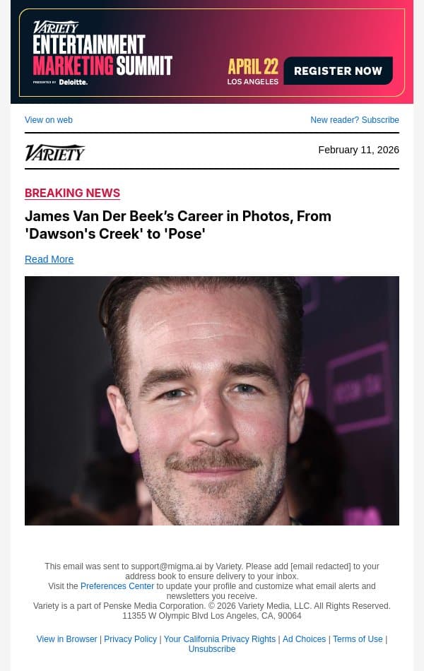 James Van Der Beek’s Career in Photos, From 'Dawson's Creek' to 'Pose' email from Variety screenshot