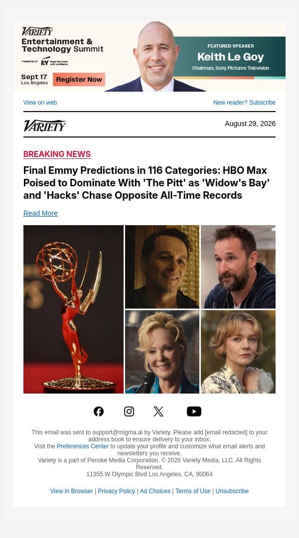 Final Emmy Predictions in 116 Categories: HBO Max Poised to Dominate With 'The Pitt' as 'Widow's Bay' and 'Hacks' Chase Opposite All-Time Records email from Variety screenshot
