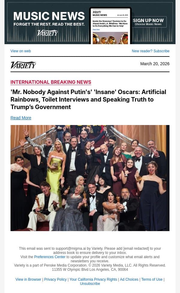 'Mr. Nobody Against Putin's' 'Insane' Oscars: Artificial Rainbows, Toilet Interviews and Speaking Truth to Trump’s Government email from Variety screenshot