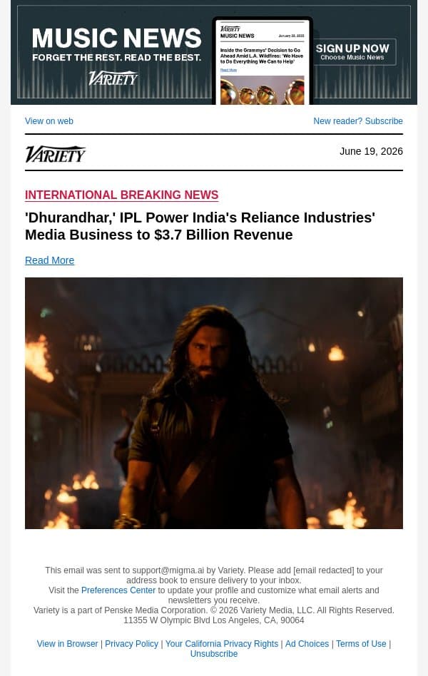 'Dhurandhar,' IPL Power India's Reliance Industries' Media Business to $3.7 Billion Revenue email from Variety screenshot