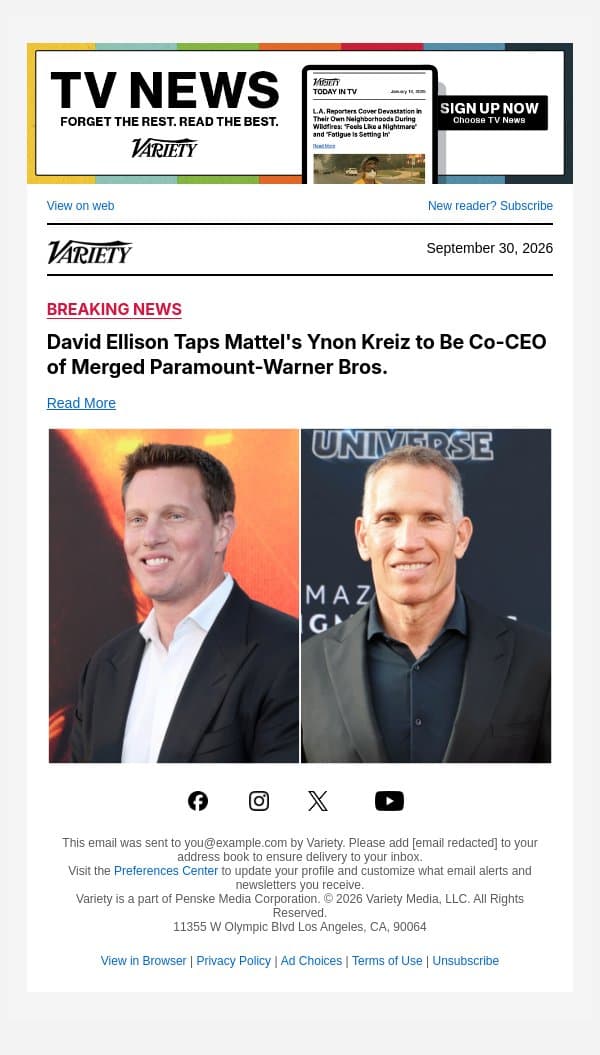 David Ellison Taps Mattel's Ynon Kreiz to Be Co-CEO of Merged Paramount-Warner Bros. email from Variety screenshot