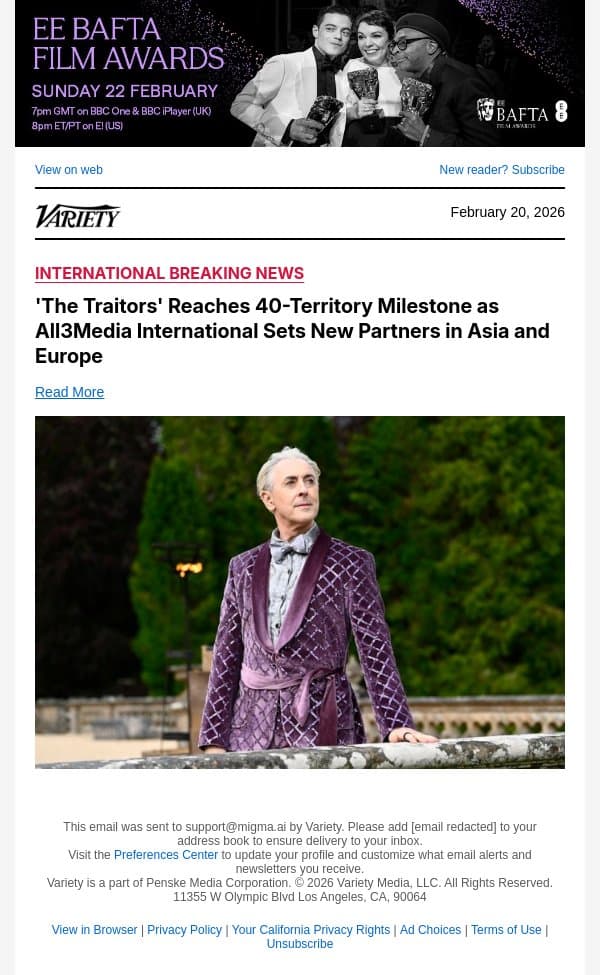 'The Traitors' Reaches 40-Territory Milestone as All3Media International Sets New Partners in Asia and Europe email from Variety screenshot