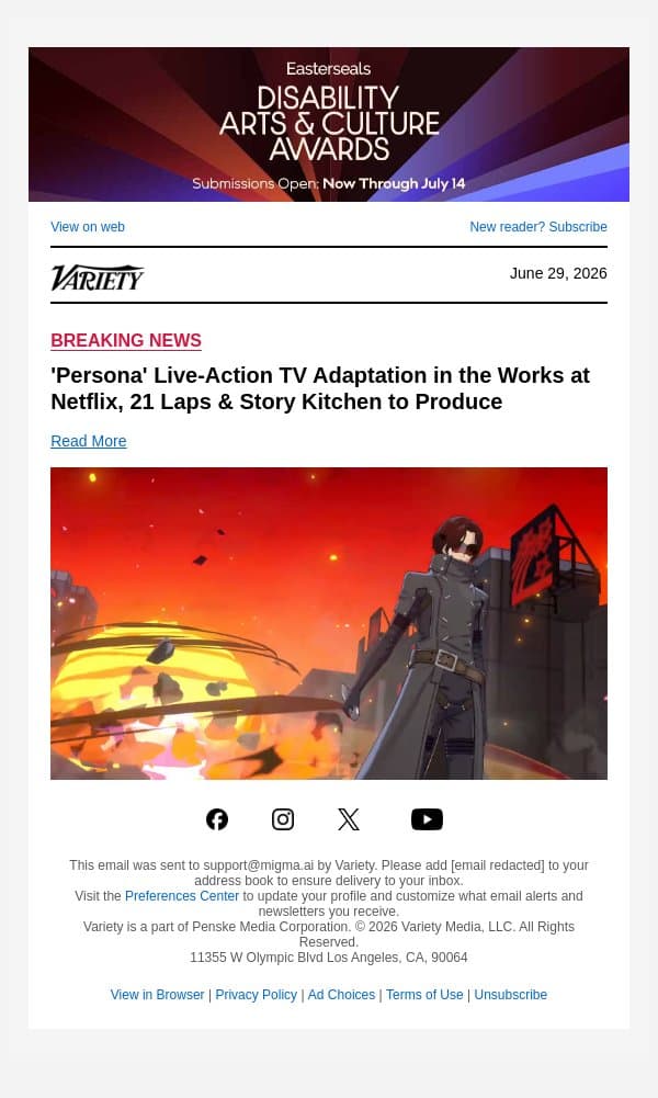 'Persona' Live-Action TV Adaptation in the Works at Netflix, 21 Laps & Story Kitchen to Produce email from Variety screenshot