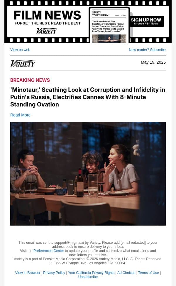 'Minotaur,' Scathing Look at Corruption and Infidelity in Putin's Russia, Electrifies Cannes With 8-Minute Standing Ovation email from Variety screenshot