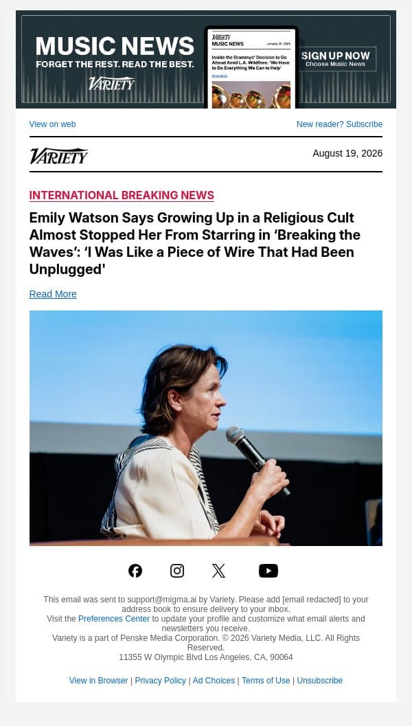 Emily Watson Says Growing Up in a Religious Cult Almost Stopped Her From Starring in ‘Breaking the Waves’: ‘I Was Like a Piece of Wire That Had Been Unplugged' email from Variety screenshot