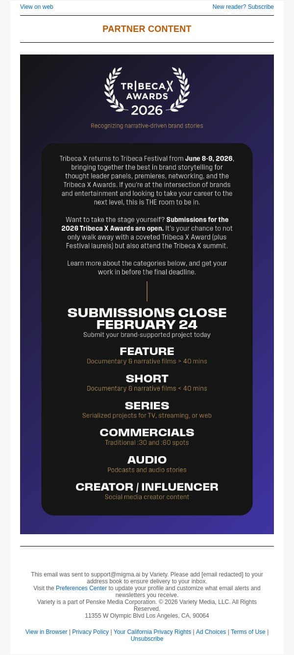 Last chance to be recognized at Tribeca Festival email from Variety screenshot