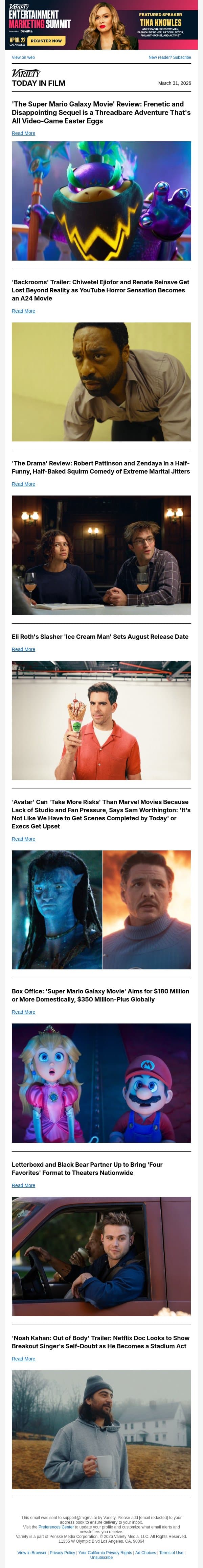 'Super Mario Galaxy Movie' Review; 'Backrooms' Trailer; 'The Drama' Review email from Variety screenshot