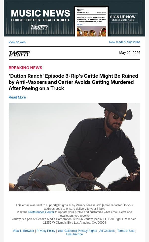 'Dutton Ranch' Episode 3: Rip's Cattle Might Be Ruined by Anti-Vaxxers and Carter Avoids Getting Murdered After Peeing on a Truck email from Variety screenshot