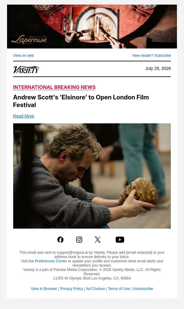 Andrew Scott's 'Elsinore' to Open London Film Festival email from Variety screenshot