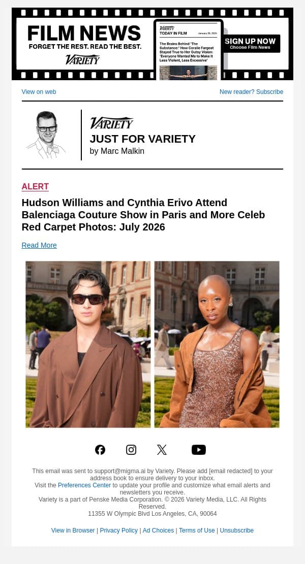 PHOTOS: Hudson Williams, Cynthia Erivo, Jennifer Garner and More Red Carpet Pics email from Variety screenshot
