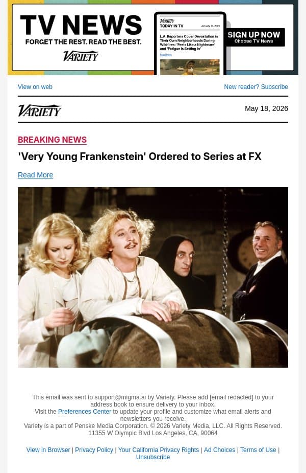 'Very Young Frankenstein' Ordered to Series at FX email from Variety screenshot