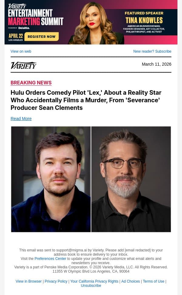 Hulu Orders Comedy Pilot 'Lex,' About a Reality Star Who Accidentally Films a Murder, From 'Severance' Producer Sean Clements email from Variety screenshot