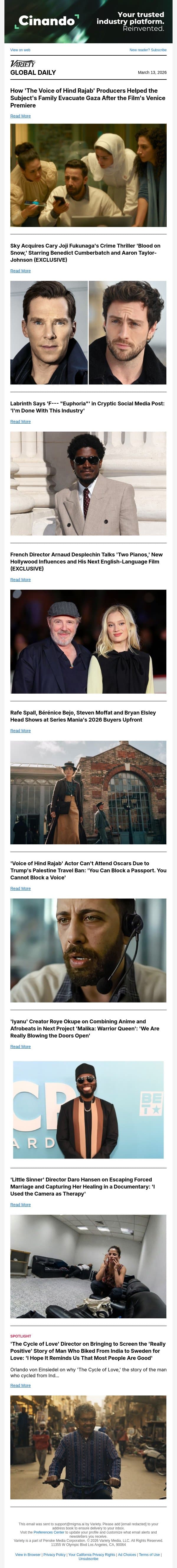 How 'Hind Rajab' Team Evacuated Subject's Family; Sky Acquires 'Blood on Snow'; Labrinth Slams 'Euphoria' email from Variety screenshot
