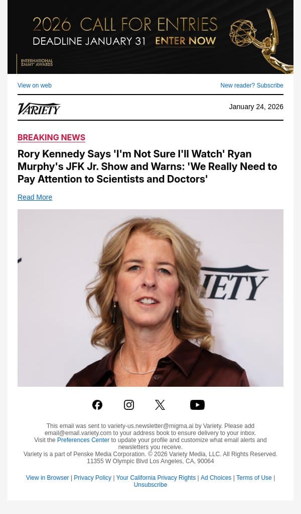 Rory Kennedy Says 'I'm Not Sure I'll Watch' Ryan Murphy's JFK Jr. Show and Warns: 'We Really Need to Pay Attention to Scientists and Doctors' email from Variety screenshot