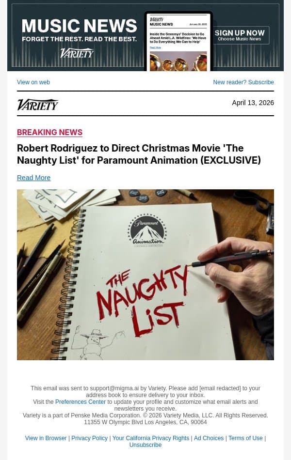 Robert Rodriguez to Direct Christmas Movie 'The Naughty List' for Paramount Animation (EXCLUSIVE) email from Variety screenshot