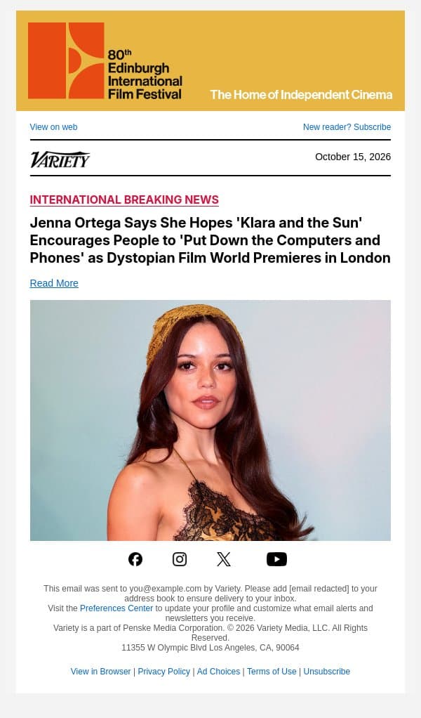 Jenna Ortega Says She Hopes 'Klara and the Sun' Encourages People to 'Put Down the Computers and Phones' as Dystopian Film World Premieres in London email from Variety screenshot