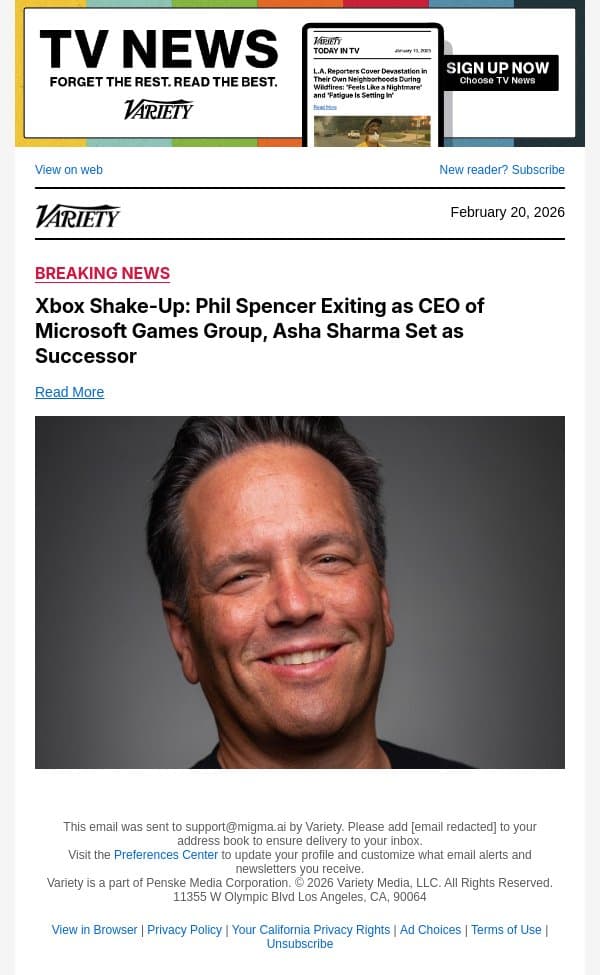 Xbox Shake-Up: Phil Spencer Exiting as CEO of Microsoft Games Group, Asha Sharma Set as Successor email from Variety screenshot