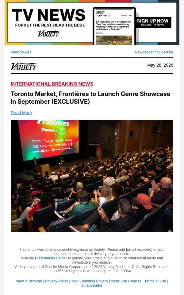 Toronto Market, Frontières to Launch Genre Showcase in September (EXCLUSIVE) email from Variety screenshot