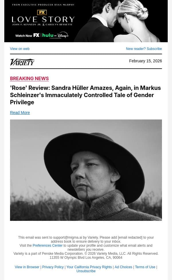'Rose' Review: Sandra Hüller Amazes, Again, in Markus Schleinzer's Immaculately Controlled Tale of Gender Privilege email from Variety screenshot