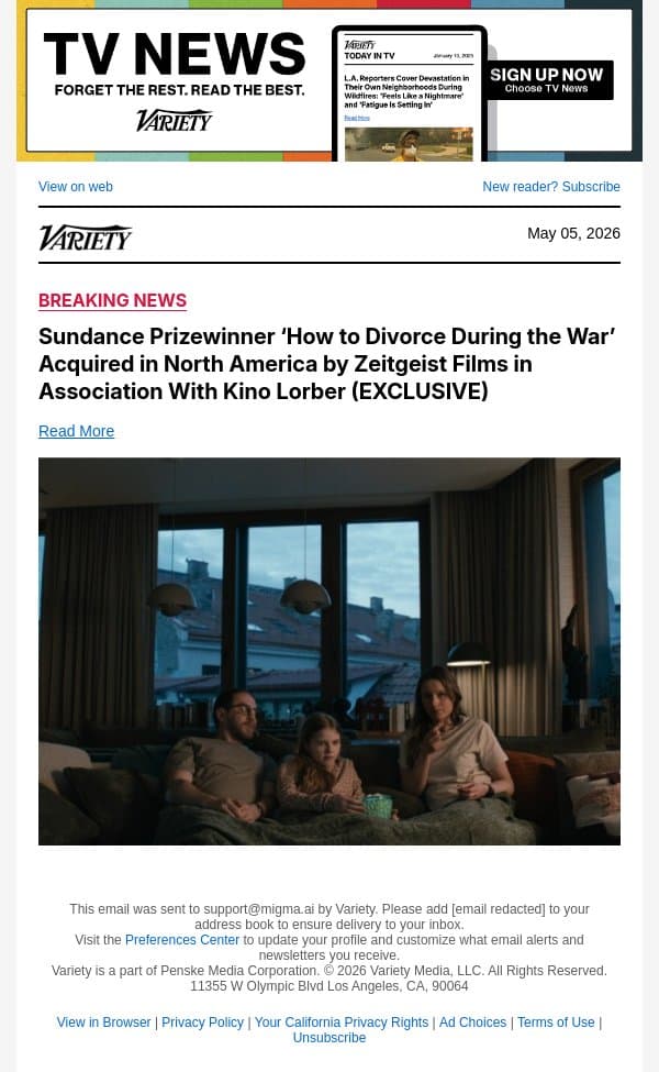 Sundance Prizewinner ‘How to Divorce During the War’ Acquired in North America by Zeitgeist Films in Association With Kino Lorber (EXCLUSIVE) email from Variety screenshot