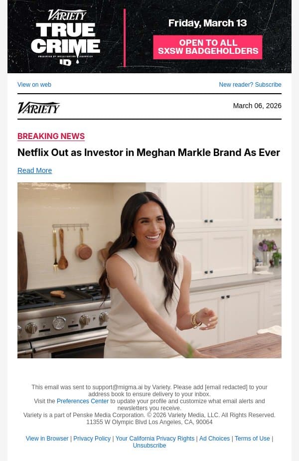 Netflix Out as Investor in Meghan Markle Brand As Ever email from Variety screenshot