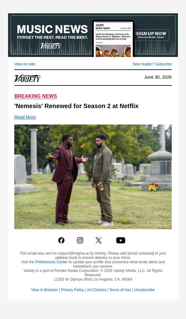 'Nemesis' Renewed for Season 2 at Netflix email from Variety screenshot