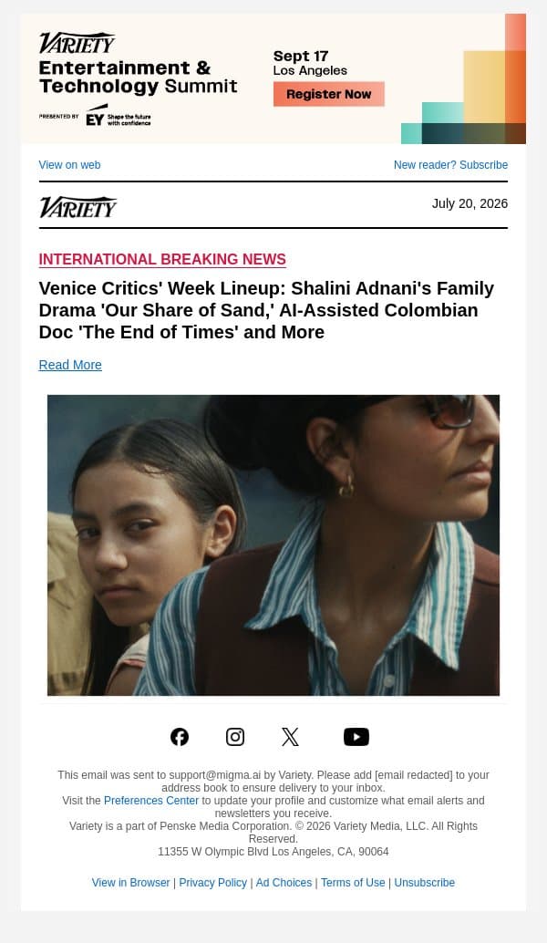 Venice Critics' Week Lineup: Shalini Adnani's Family Drama 'Our Share of Sand,' AI-Assisted Colombian Doc 'The End of Times' and More email from Variety screenshot