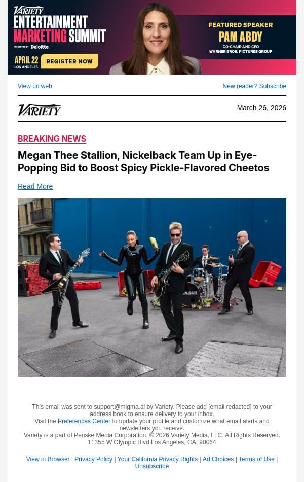 Megan Thee Stallion, Nickelback Team Up in Eye-Popping Bid to Boost Spicy Pickle-Flavored Cheetos email from Variety screenshot
