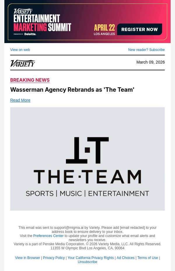 Wasserman Agency Rebrands as 'The Team' email from Variety screenshot
